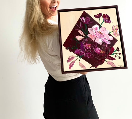 ORIGINAL MINI ARTWORK-"Stop and Smell the Roses"-33x33cm